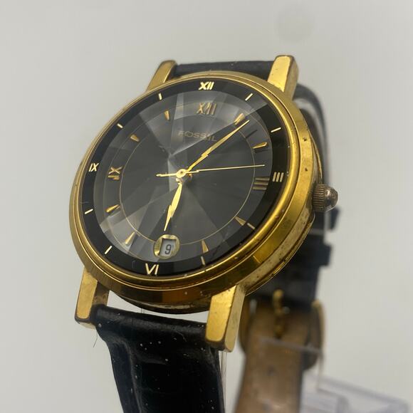 Fossil PC 9291 Gold Tone Watch with Black Leather Band - Picture 5 of 6